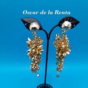 Oscar de la Renta Gold Tone Floral Dangle Clip Earrings 3.5 Inch Signed